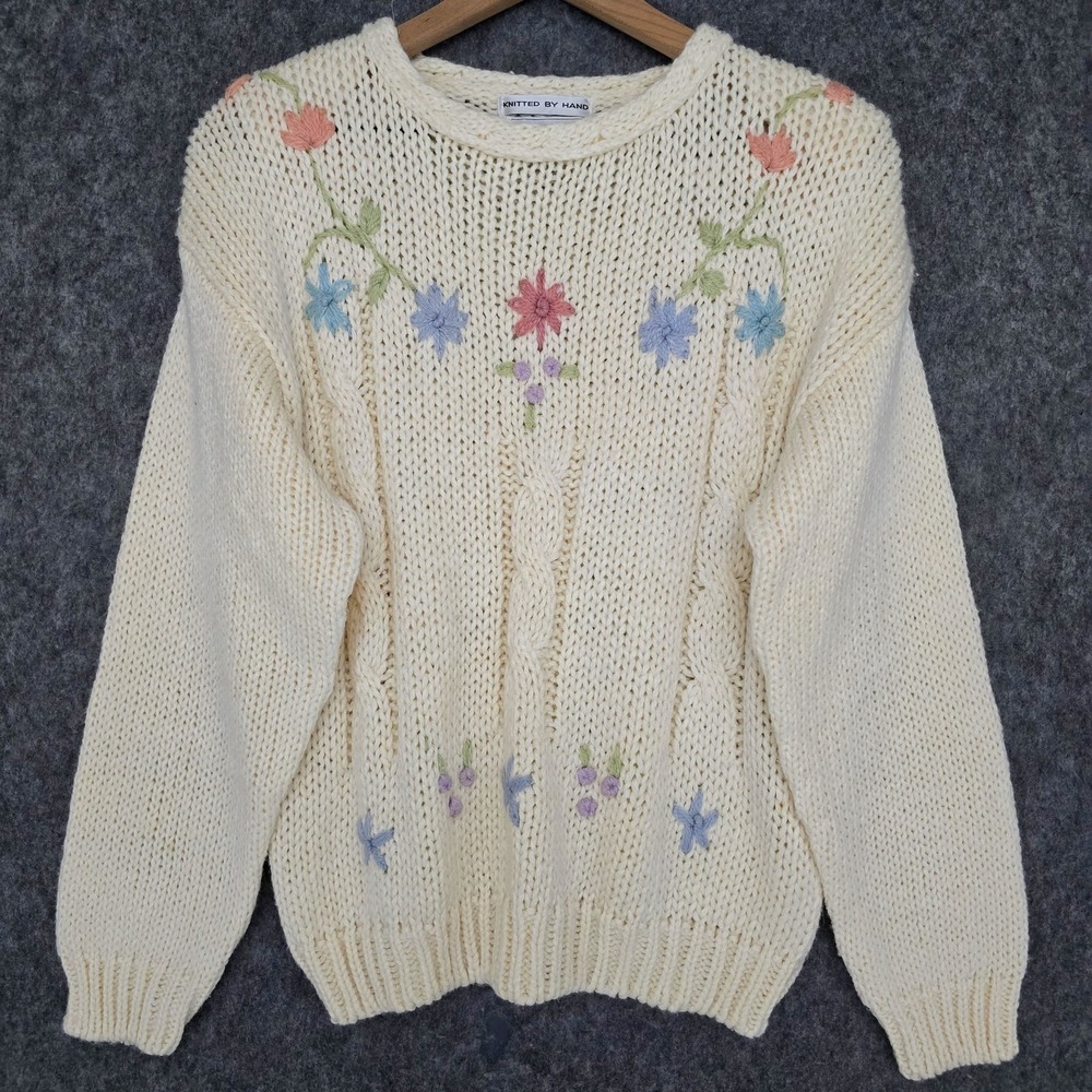 Vintage J.J. Fargo Sweater Womens M White Ramie Floral Embroidered Knit Pullover
